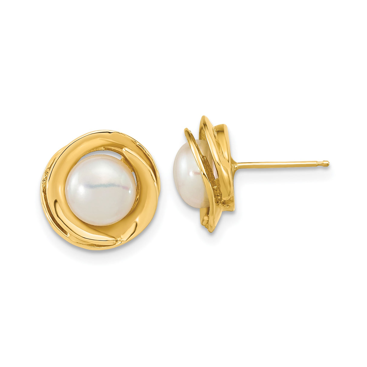 14k Yellow Gold Stud Earrings with Round White Cultured Pearls, Twisted Swirl Design