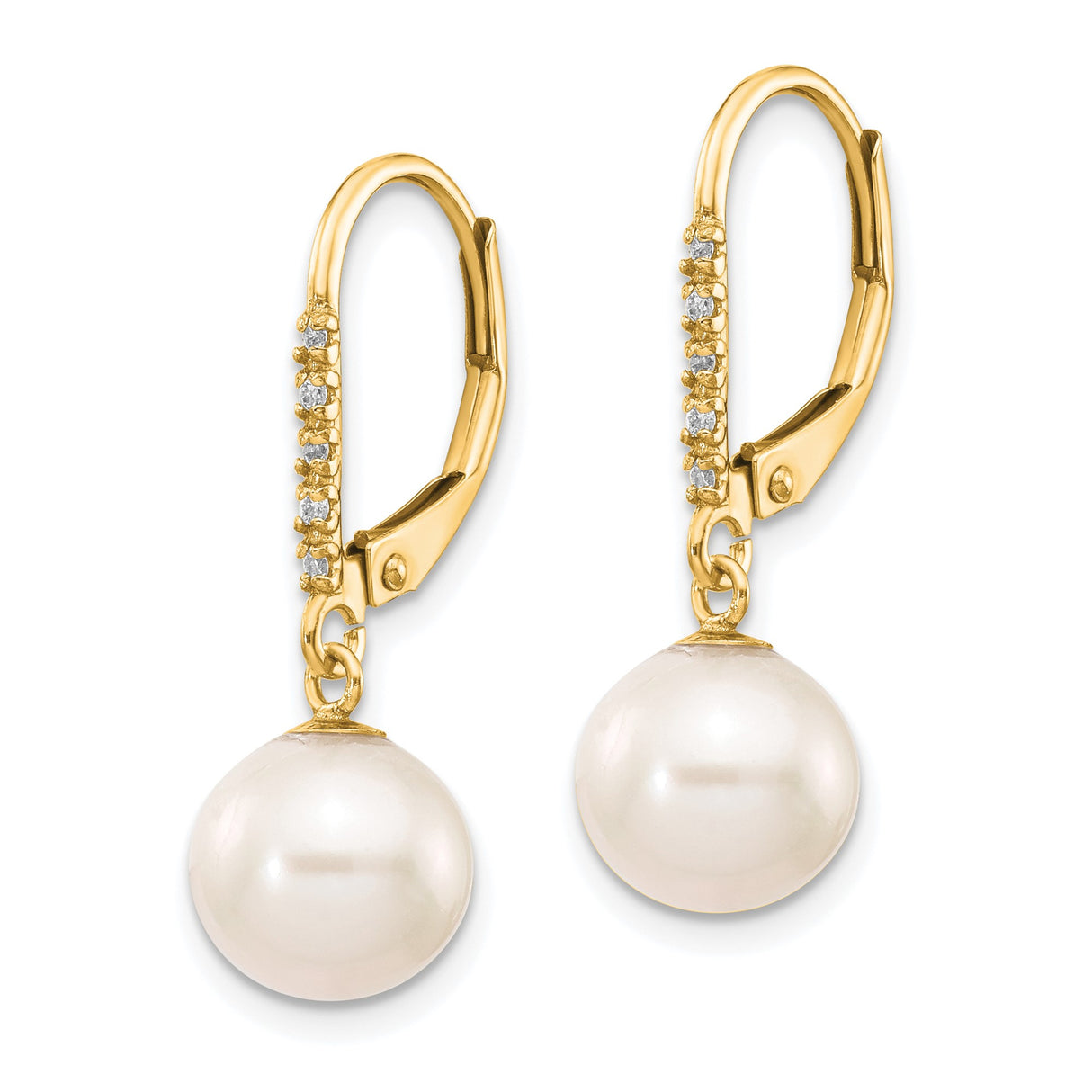 14k Yellow Gold Drop Earrings with White Cultured Pearls and Diamond Accents
