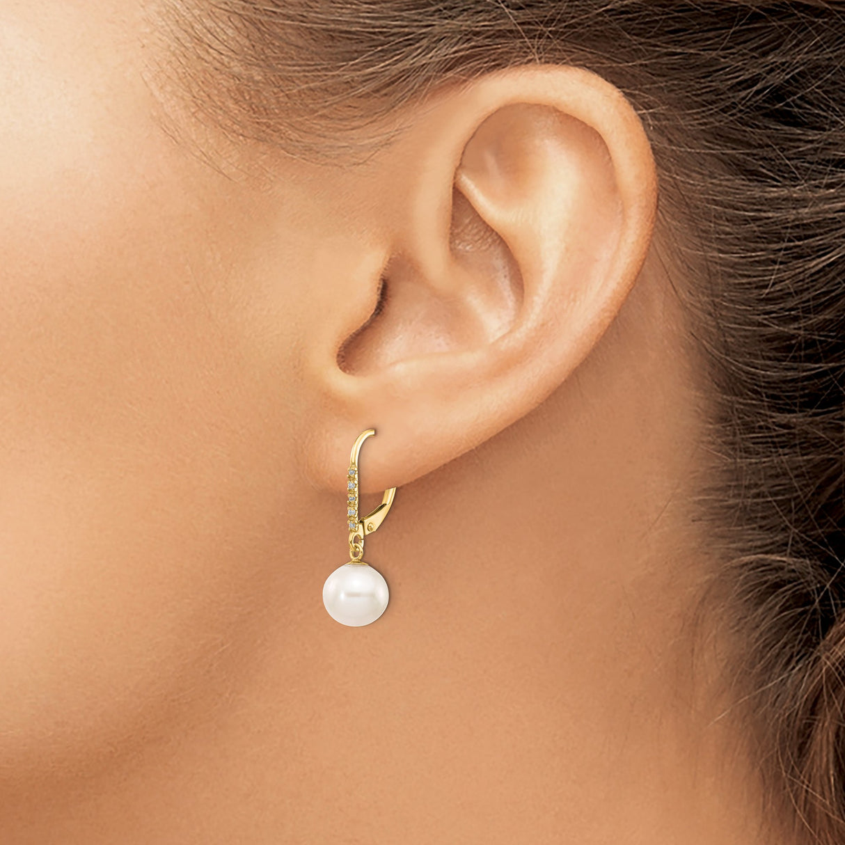 14k Yellow Gold Drop Earrings with White Cultured Pearls and Diamond Accents