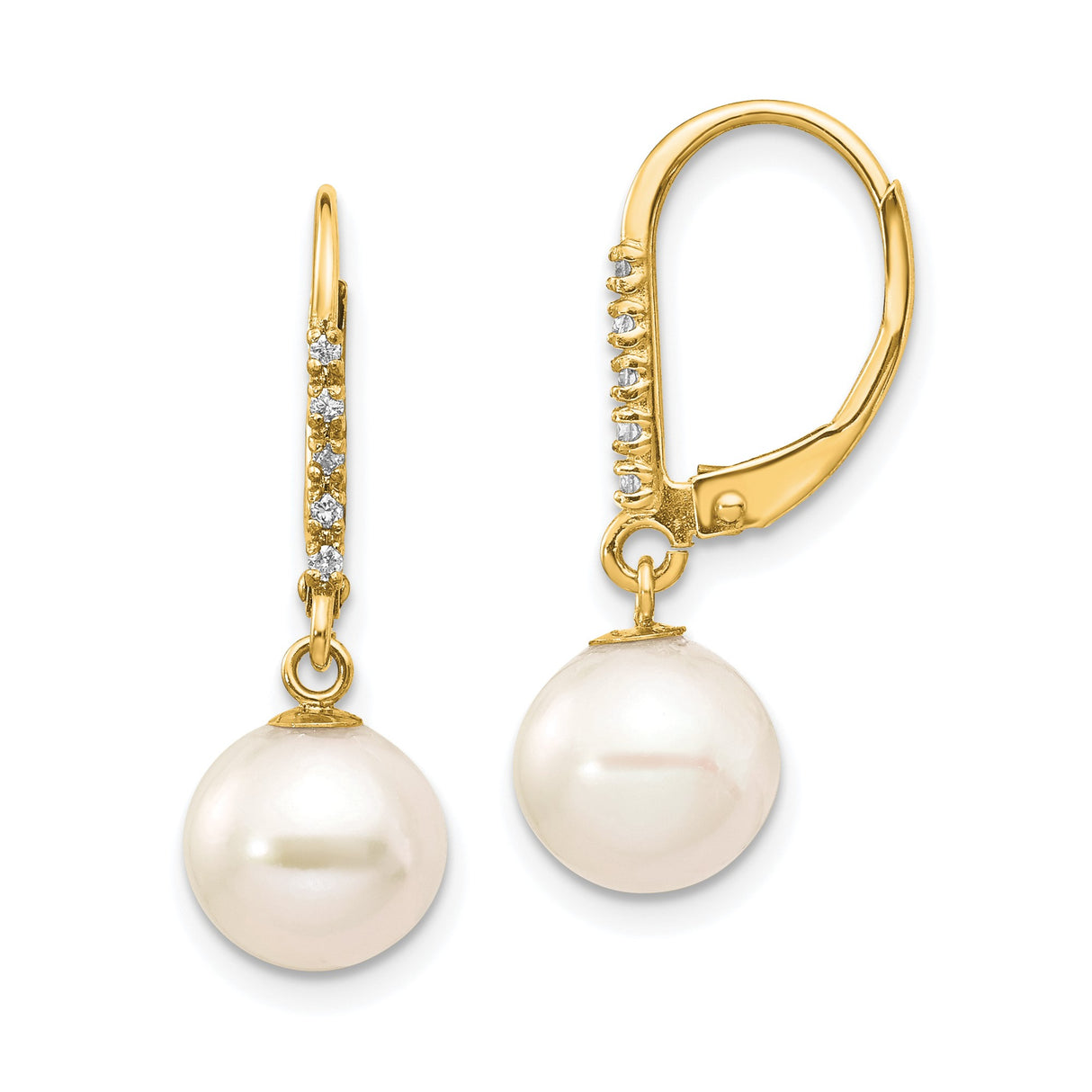 14k Yellow Gold Drop Earrings with White Cultured Pearls and Diamond Accents