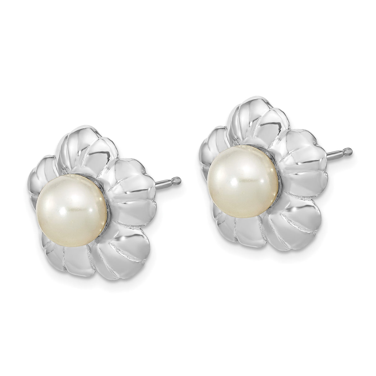 14k White Gold Flower Stud Earrings with Round Pearl Center for Women