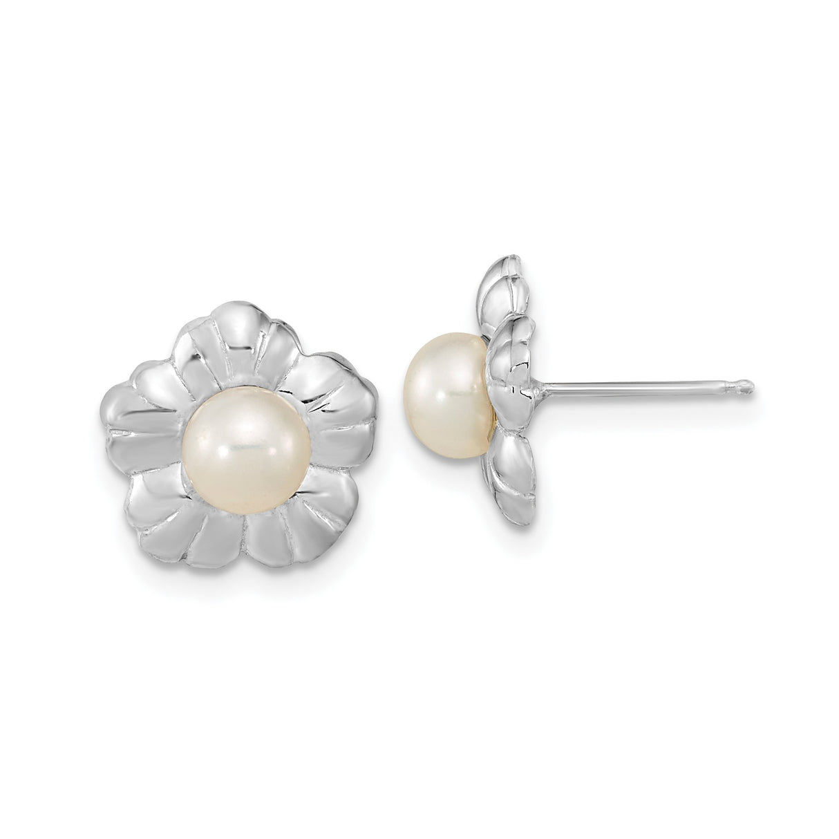 14k White Gold Flower Stud Earrings with Round Pearl Center for Women