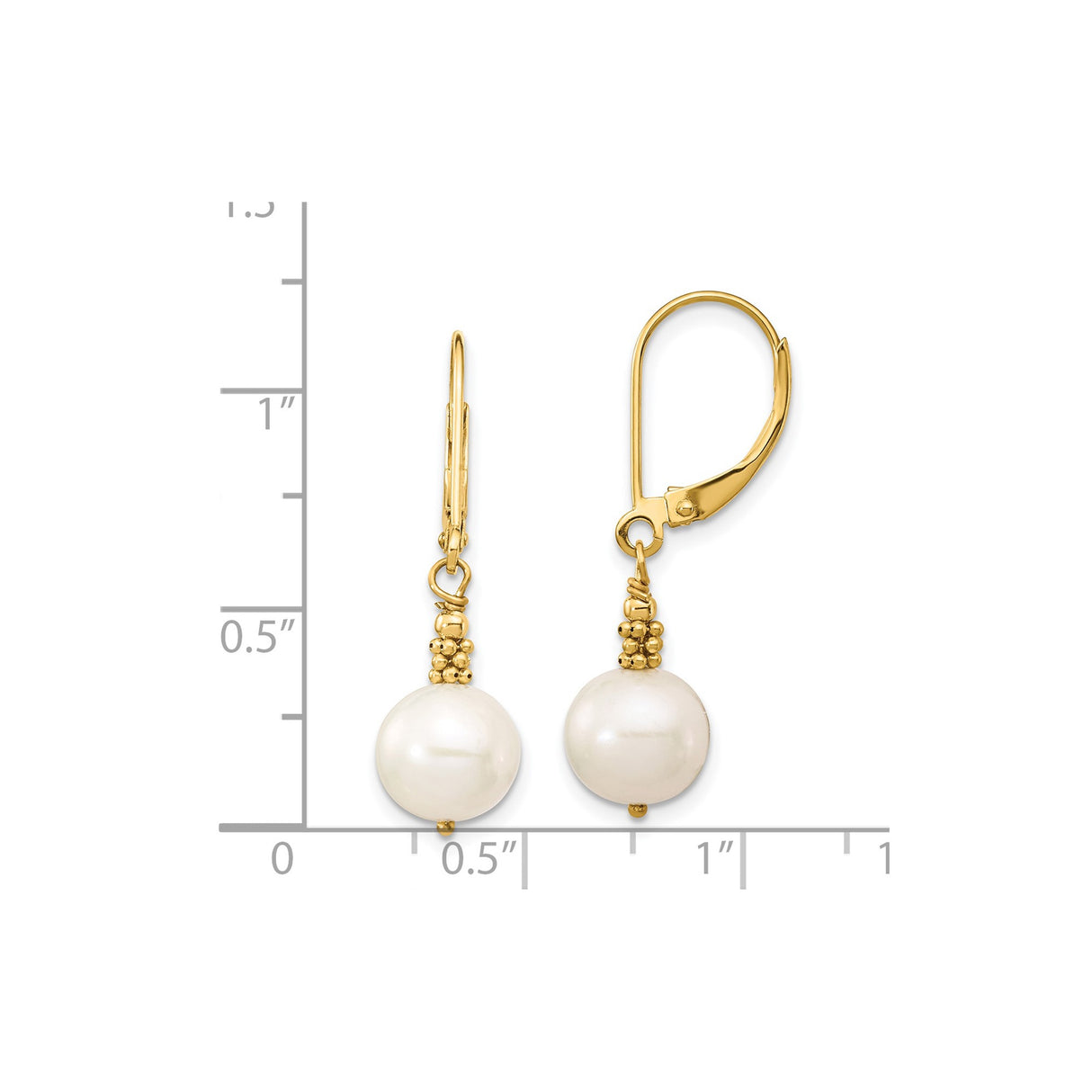 14k Yellow Gold Leverback Earrings with White Round Pearls and Gold Bead Accents