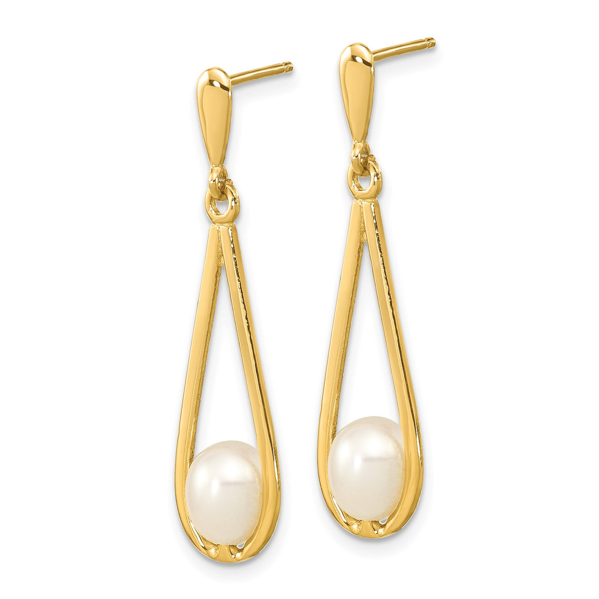 14k Yellow Gold Dangle Earrings with White Cultured Pearl, Modern Teardrop Design for Women