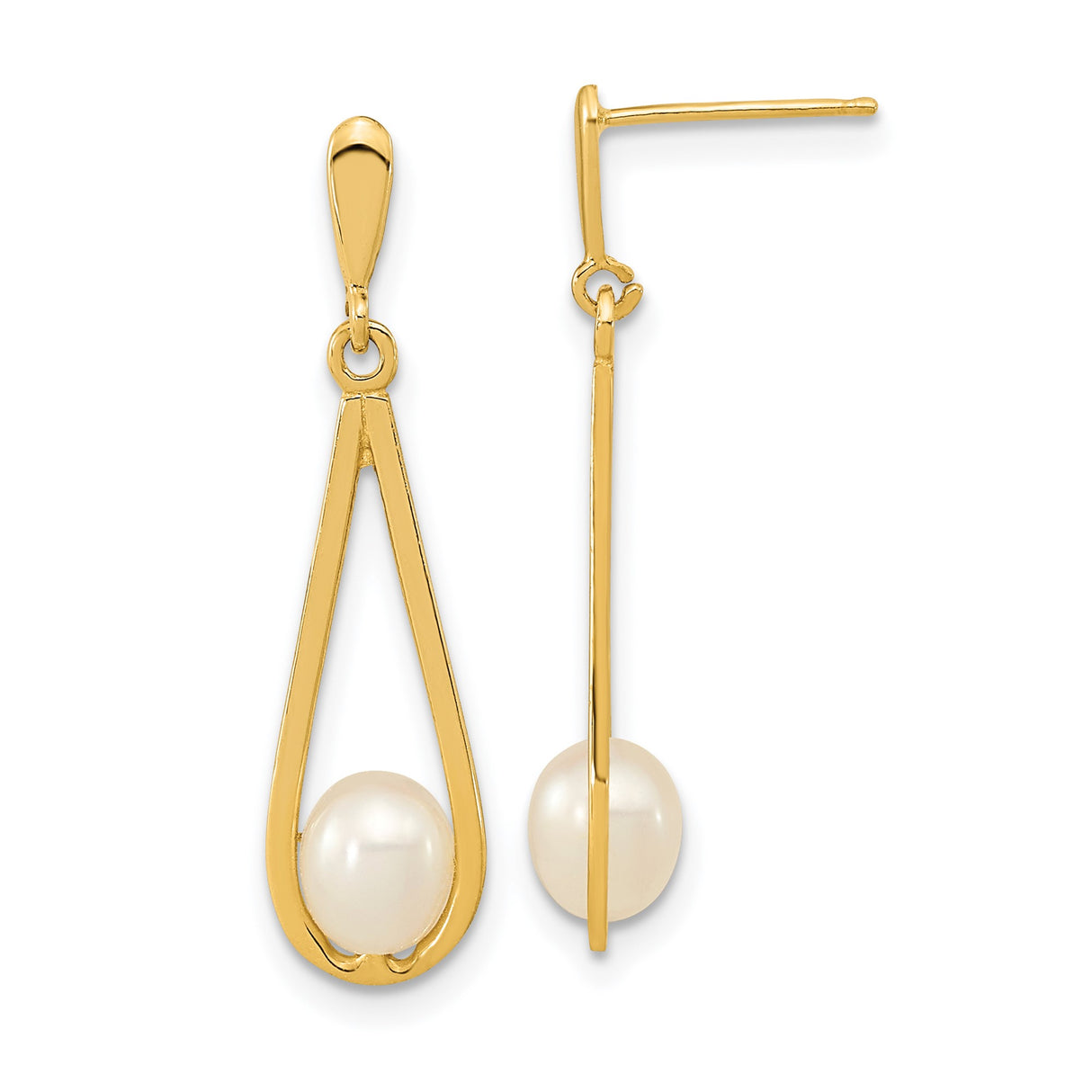 14k Yellow Gold Dangle Earrings with White Cultured Pearl, Modern Teardrop Design for Women