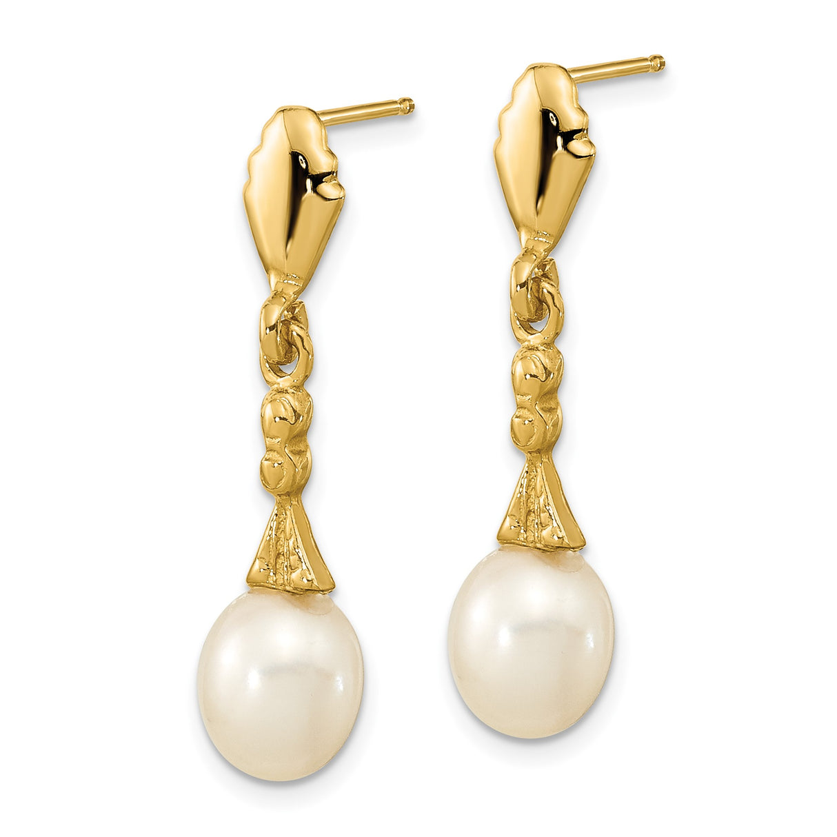 14k Yellow Gold Dangle Earrings with Cultured Freshwater Pearls, Art Deco Design