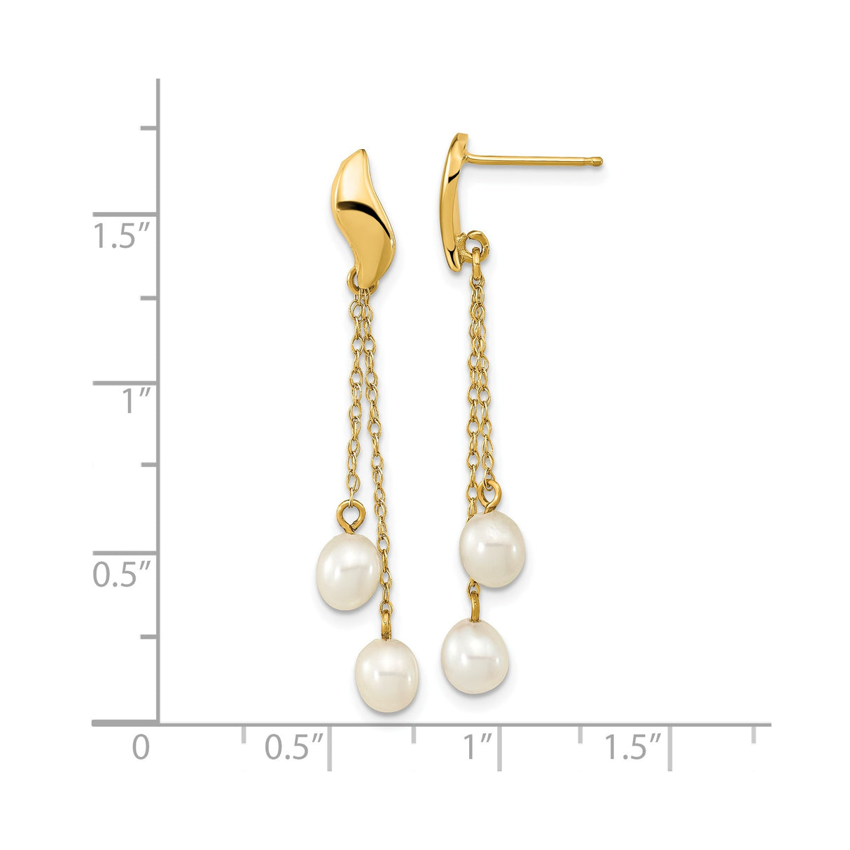14k Yellow Gold Dangle Earrings with White Freshwater Cultured Pearls, Dual Chain Drop Design