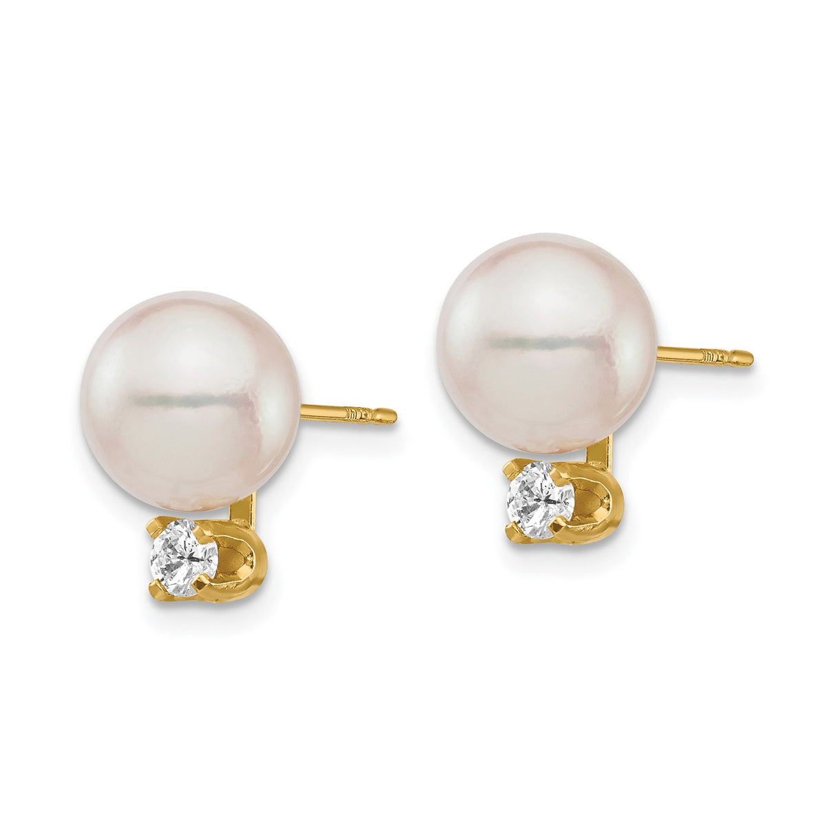 14k Yellow Gold Stud Earrings with White Cultured Pearl and Diamond Accent, Classic Round Design