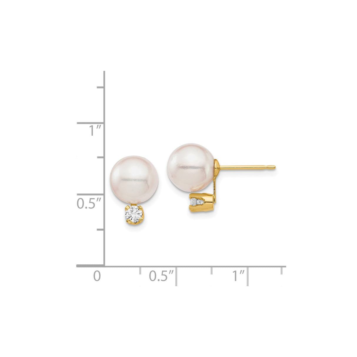 14k Yellow Gold Stud Earrings with White Cultured Pearl and Diamond Accent, Classic Round Design