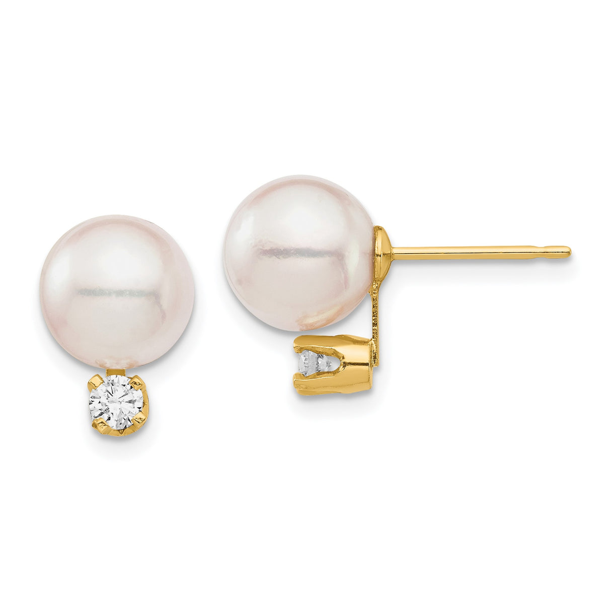 14k Yellow Gold Stud Earrings with White Cultured Pearl and Diamond Accent, Classic Round Design