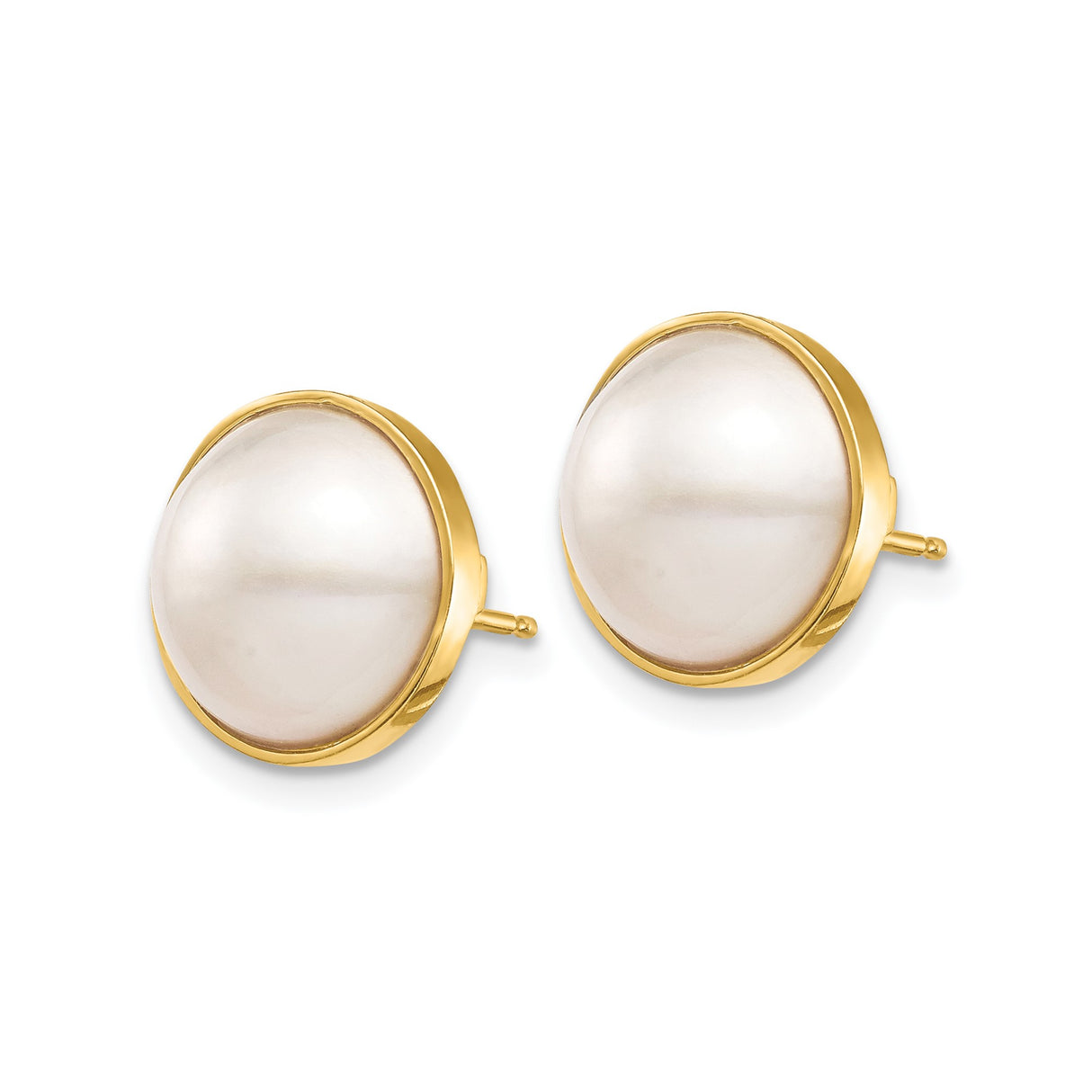 14k Yellow Gold Pearl Stud Earrings with Round White Cultured Pearls, Bezel Setting, Minimalist Style