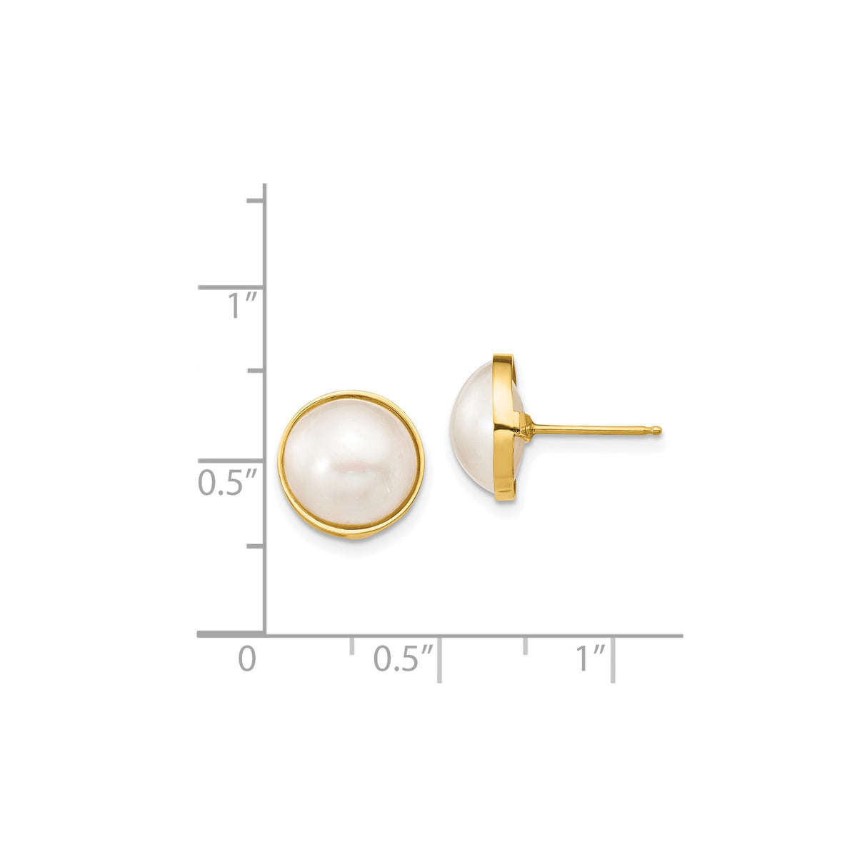 14k Yellow Gold Pearl Stud Earrings with Round White Cultured Pearls, Bezel Setting, Minimalist Style