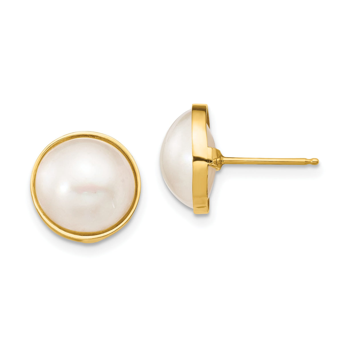 14k Yellow Gold Pearl Stud Earrings with Round White Cultured Pearls, Bezel Setting, Minimalist Style