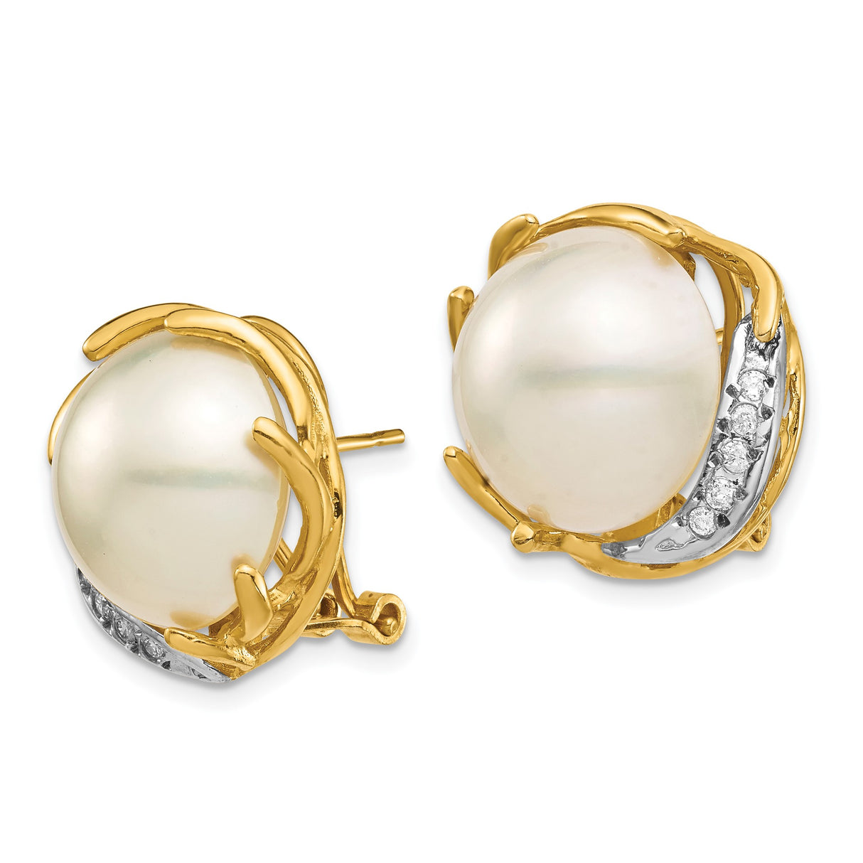 14k Yellow Gold Stud Earrings with Cultured White Pearls and Diamond Accents, Leaf Design