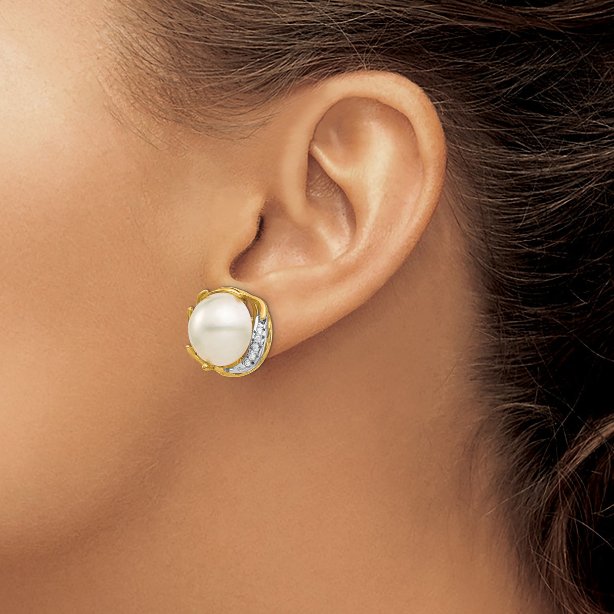 14k Yellow Gold Stud Earrings with Cultured White Pearls and Diamond Accents, Leaf Design