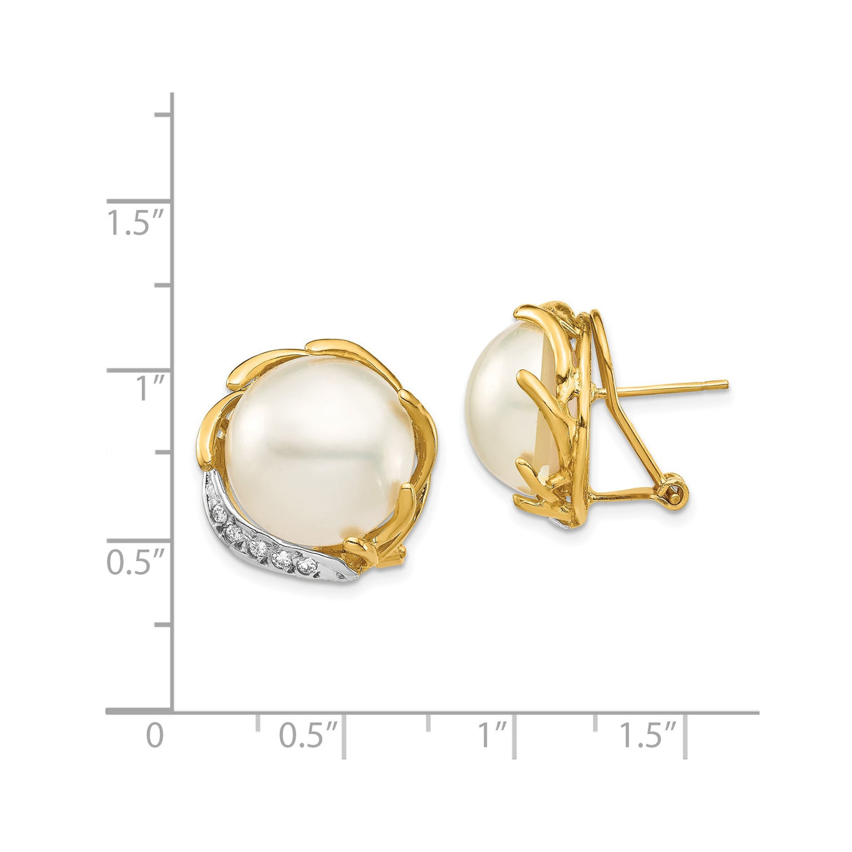 14k Yellow Gold Stud Earrings with Cultured White Pearls and Diamond Accents, Leaf Design