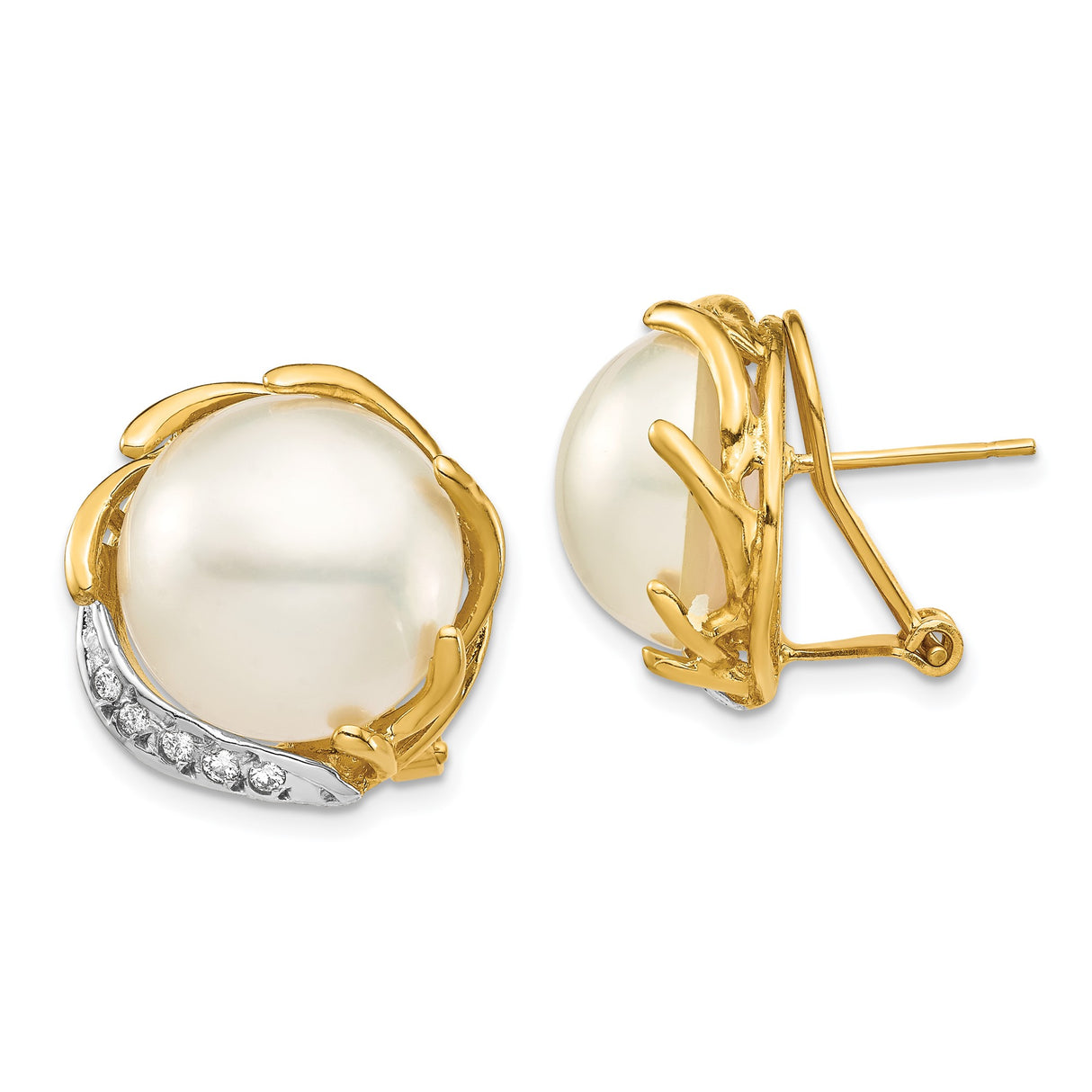 14k Yellow Gold Stud Earrings with Cultured White Pearls and Diamond Accents, Leaf Design