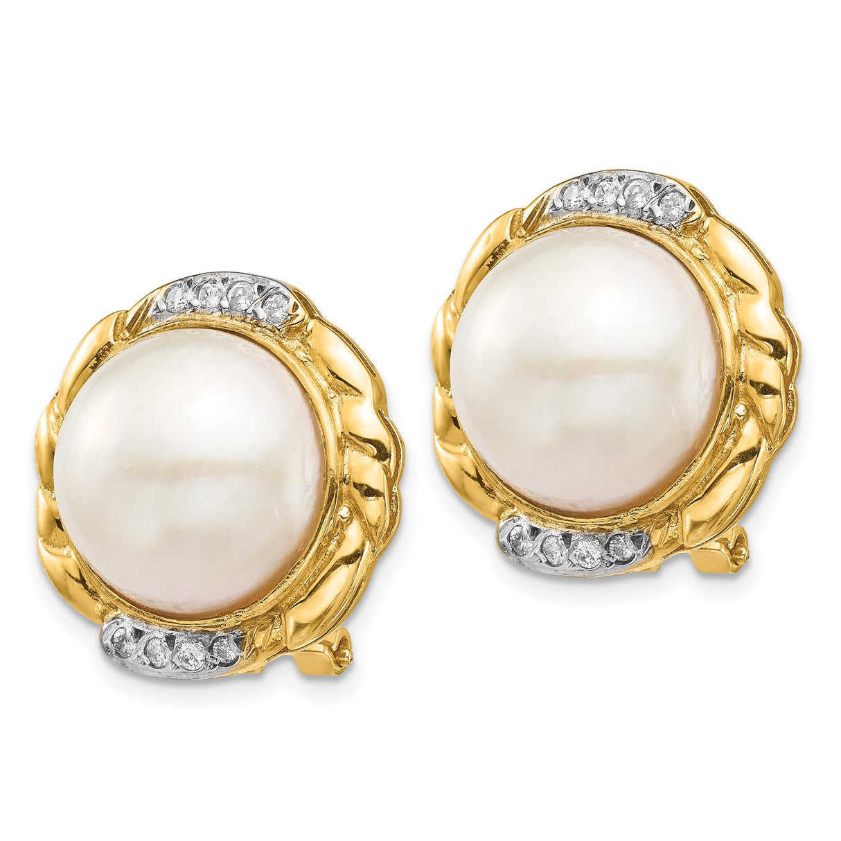 14k Yellow Gold Stud Earrings with Round White Cultured Pearls and Diamond Accents, Vintage Style