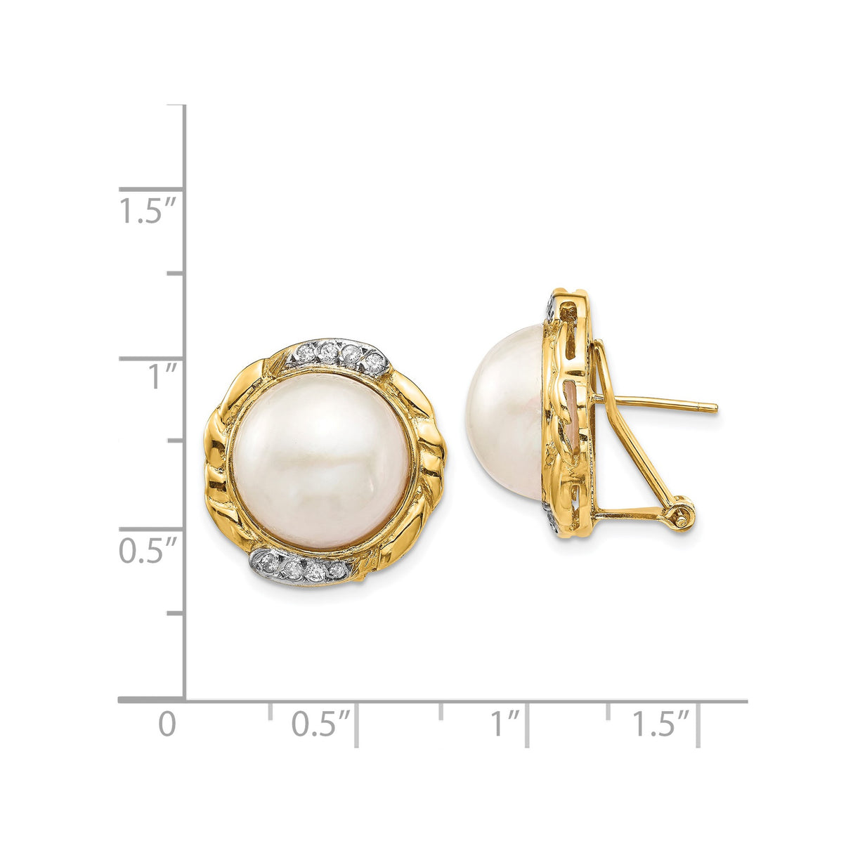 14k Yellow Gold Stud Earrings with Round White Cultured Pearls and Diamond Accents, Vintage Style
