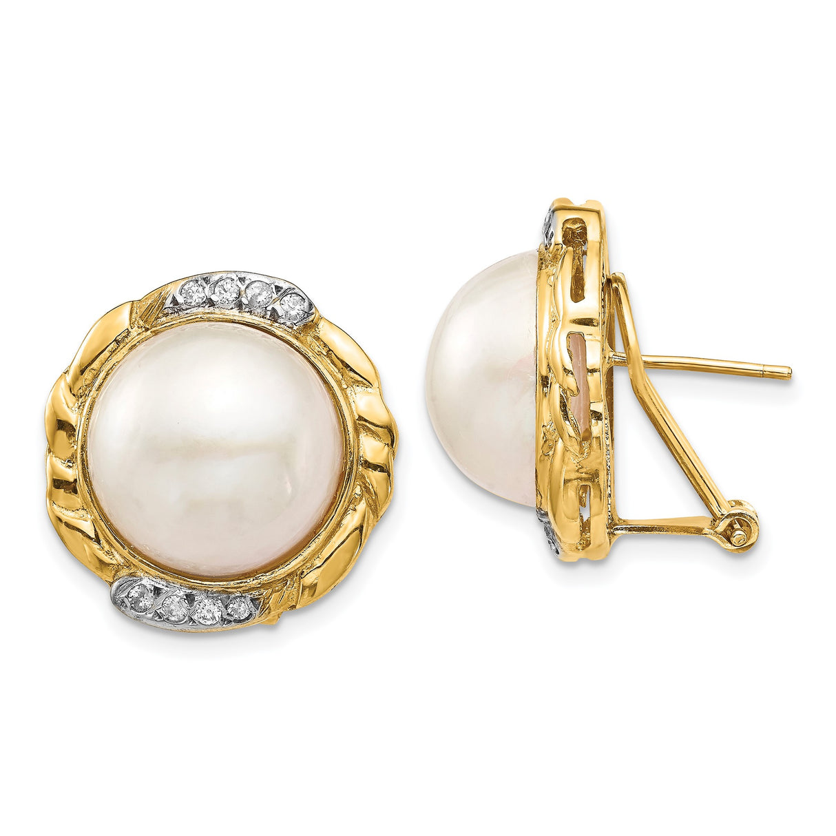 14k Yellow Gold Stud Earrings with Round White Cultured Pearls and Diamond Accents, Vintage Style
