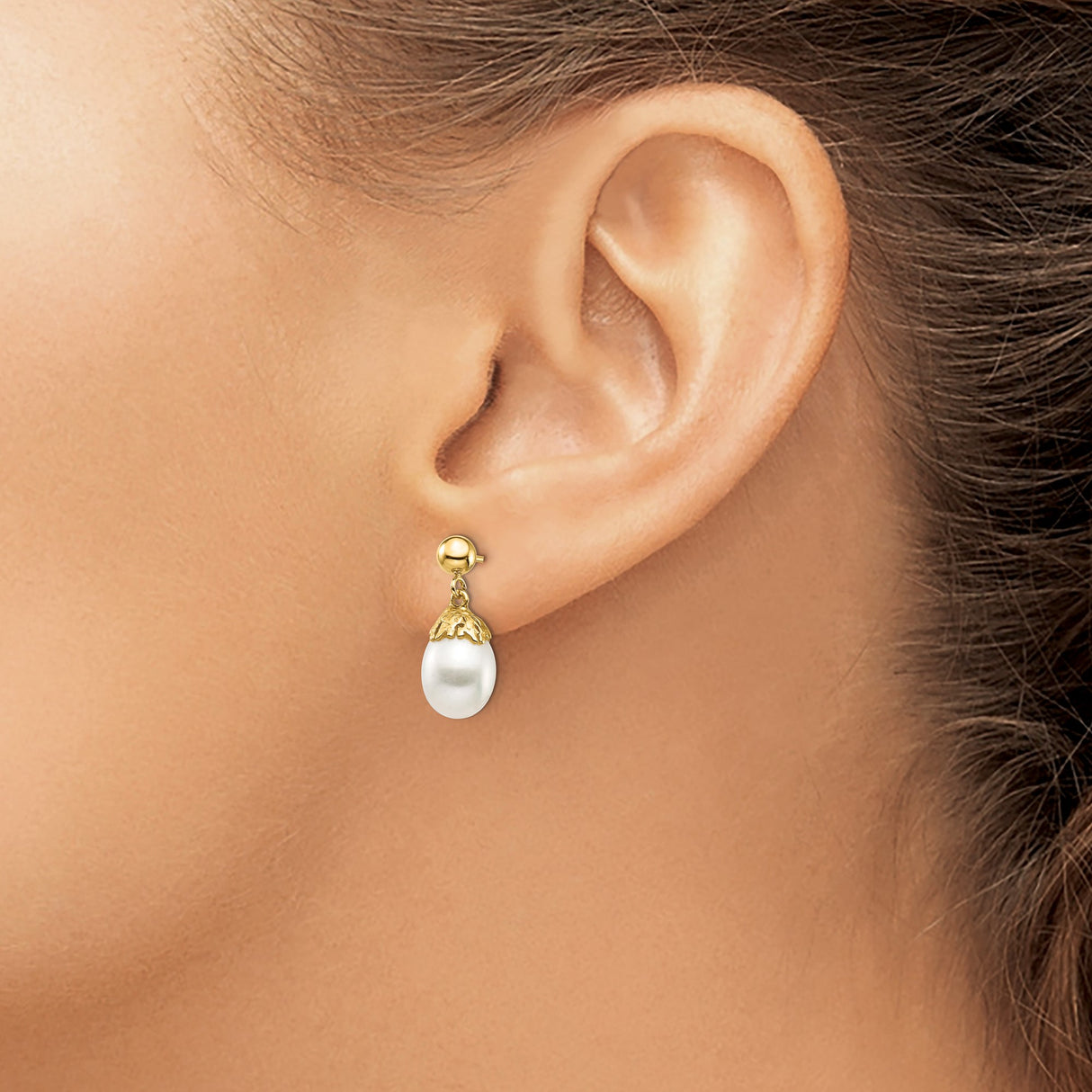 14k Yellow Gold Drop Earrings with White Freshwater Pearls, Textured Cap Design, Bridal Style