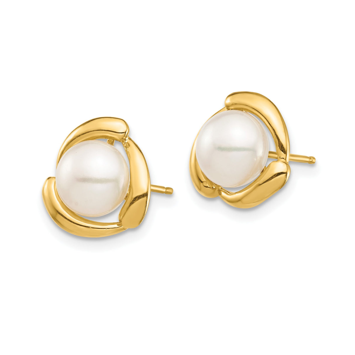 14k Yellow Gold Stud Earrings with Round White Cultured Pearls, Modern Swirl Design