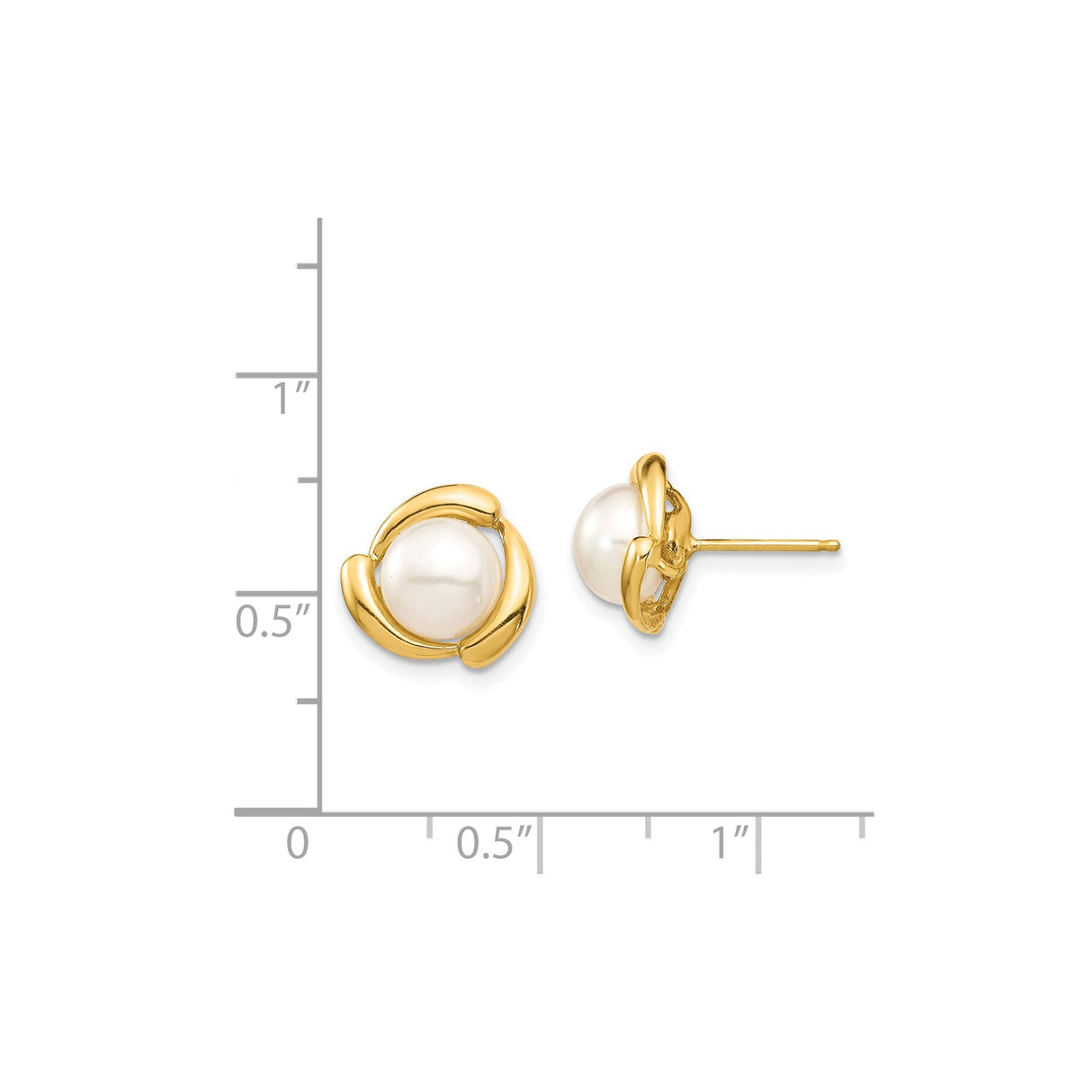 14k Yellow Gold Stud Earrings with Round White Cultured Pearls, Modern Swirl Design