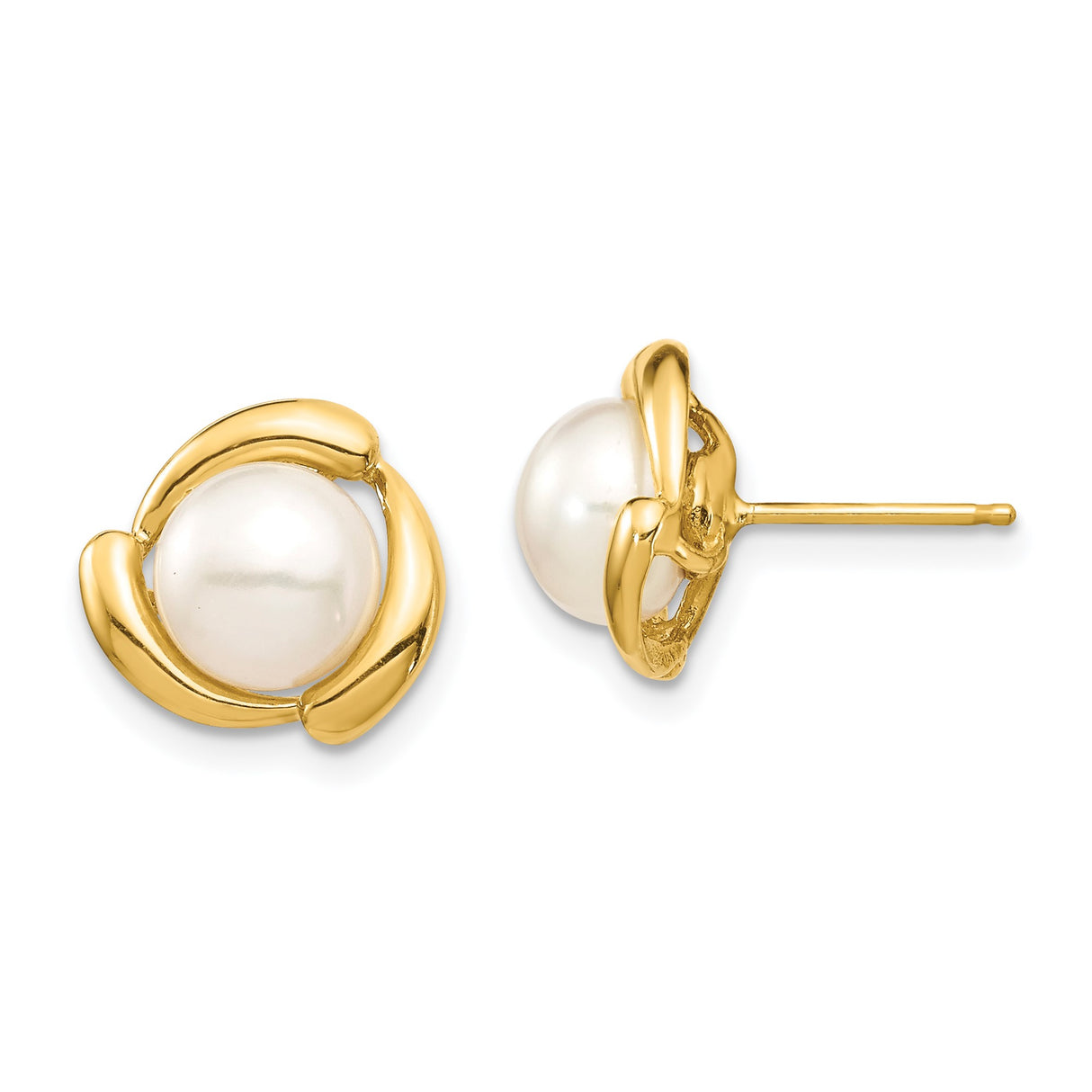 14k Yellow Gold Stud Earrings with Round White Cultured Pearls, Modern Swirl Design