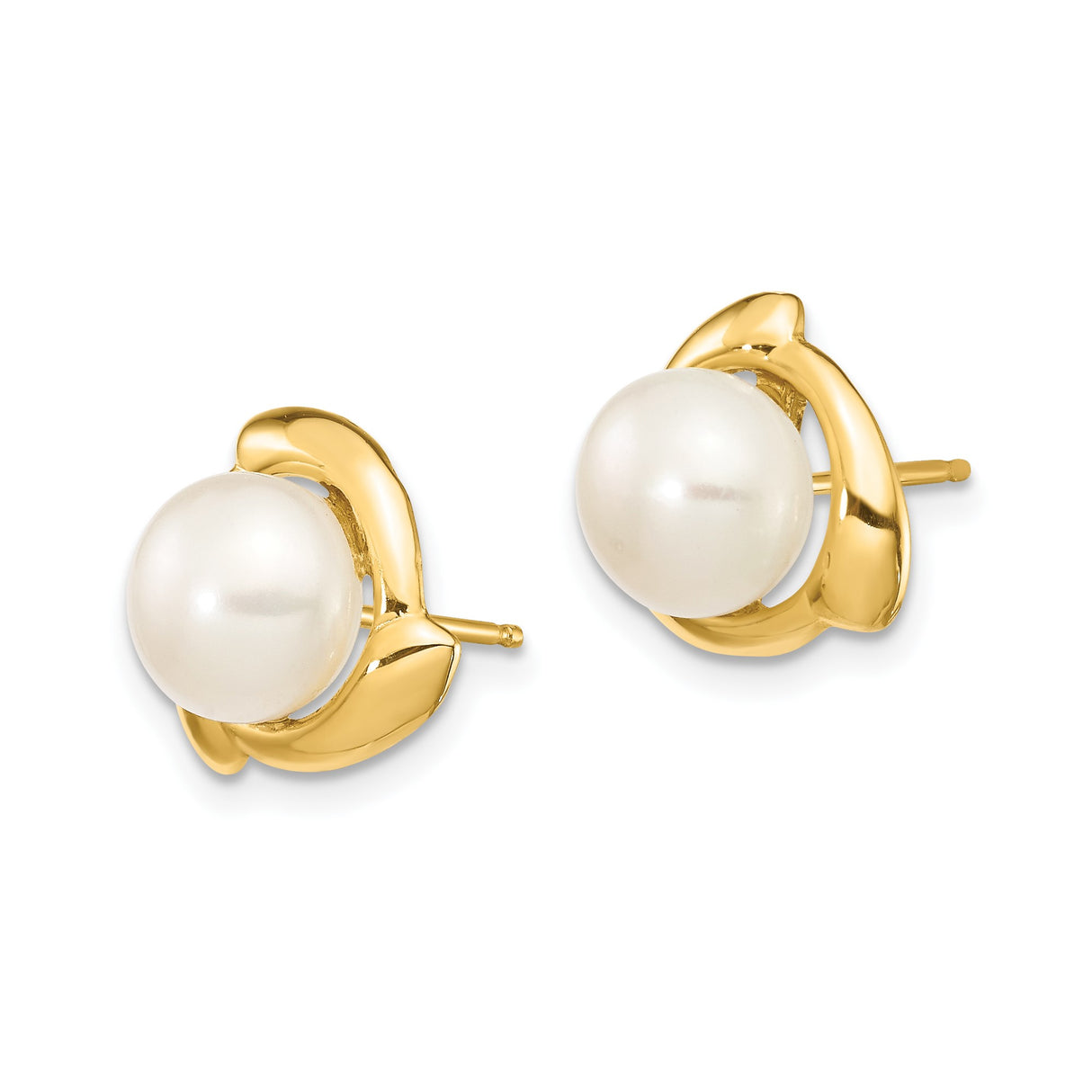 14k Yellow Gold Stud Earrings with Round White Cultured Pearls, Leaf Design