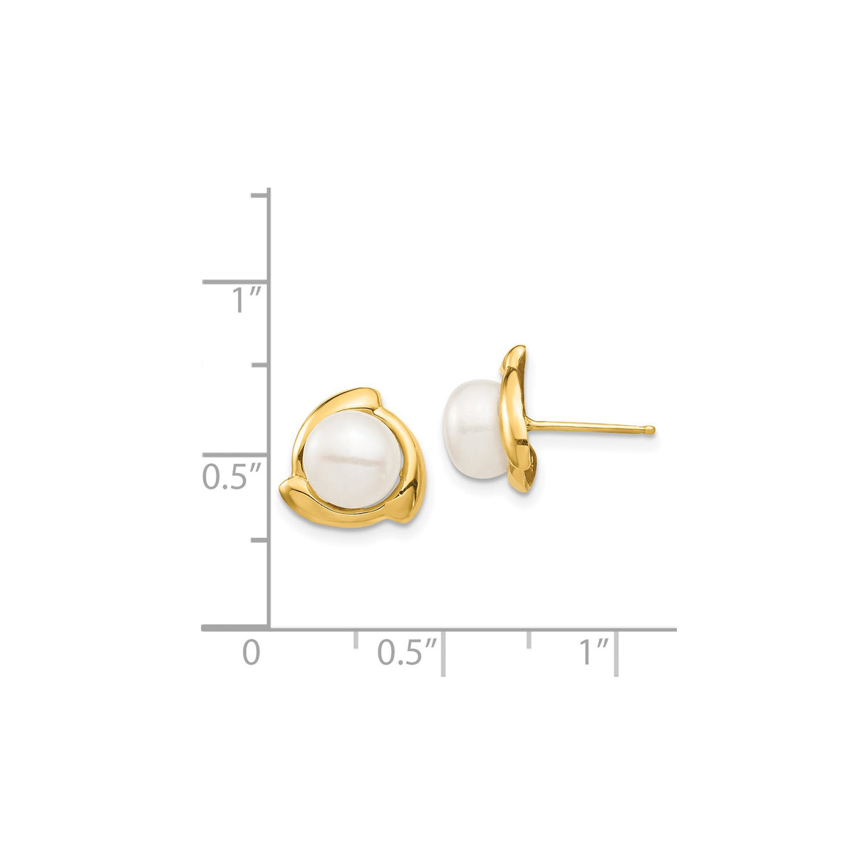 14k Yellow Gold Stud Earrings with Round White Cultured Pearls, Leaf Design