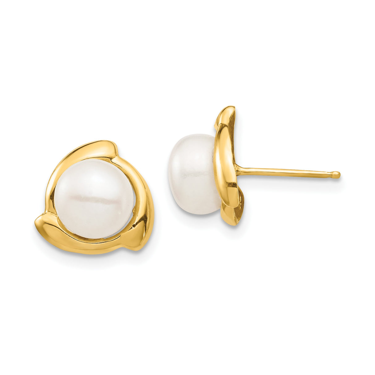 14k Yellow Gold Stud Earrings with Round White Cultured Pearls, Leaf Design