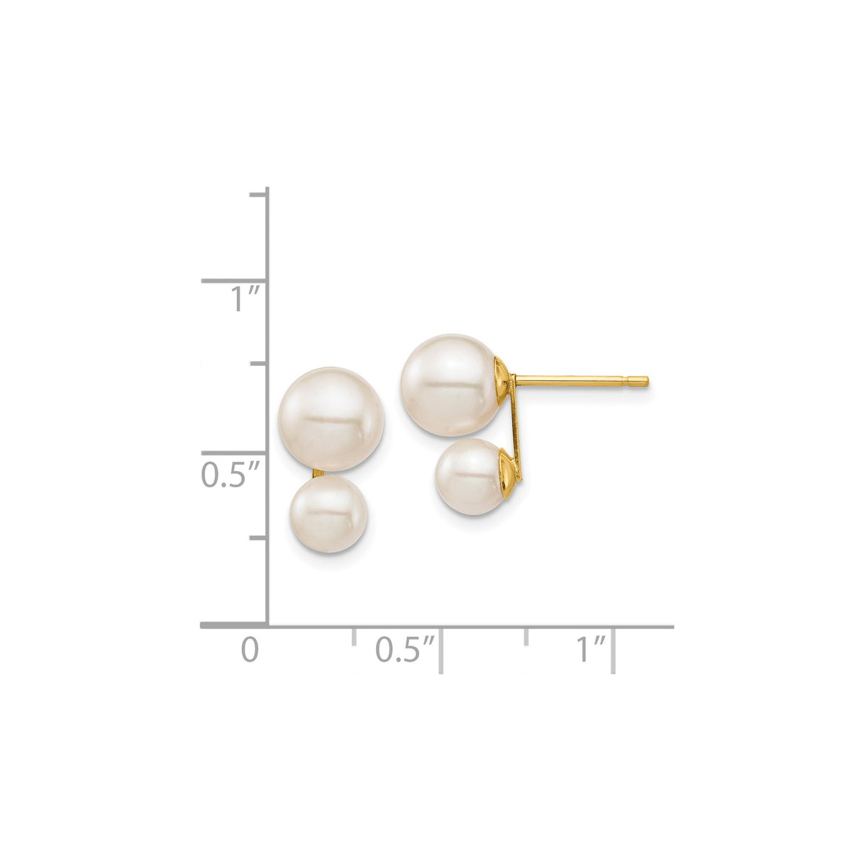 14k Yellow Gold Double Pearl Stud Earrings with White Cultured Pearls, Modern Front Back Design
