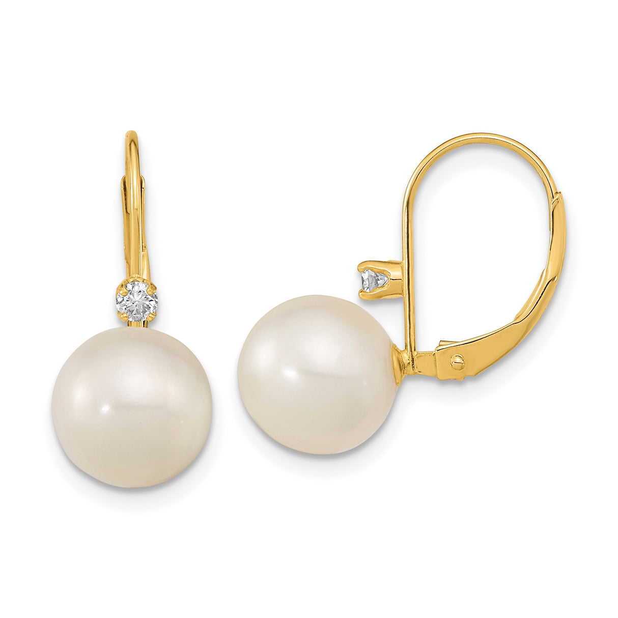 14k Yellow Gold Dangle Earrings with White Freshwater Cultured Pearls and Diamond Accents