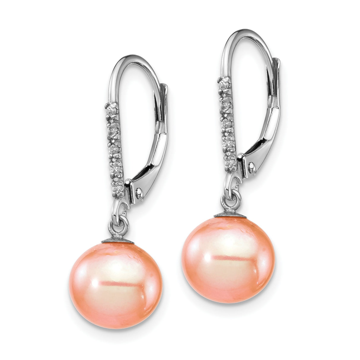 14k White Gold Drop Earrings with Peach Freshwater Pearls and Diamond Accents on Leverback