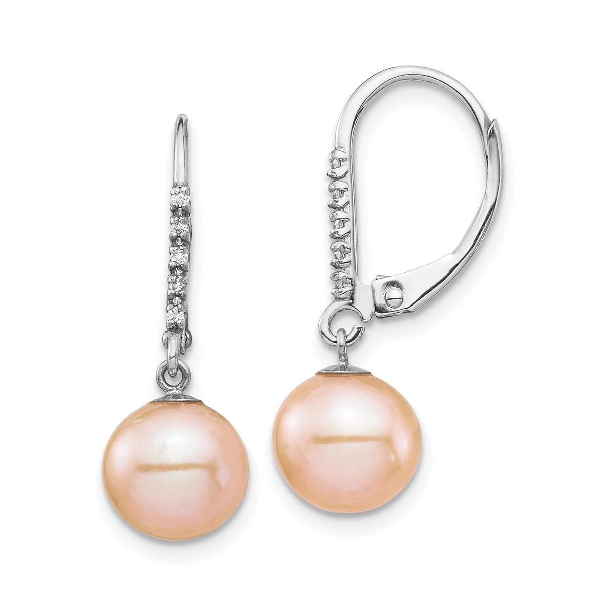 14k White Gold Drop Earrings with Peach Freshwater Pearls and Diamond Accents on Leverback