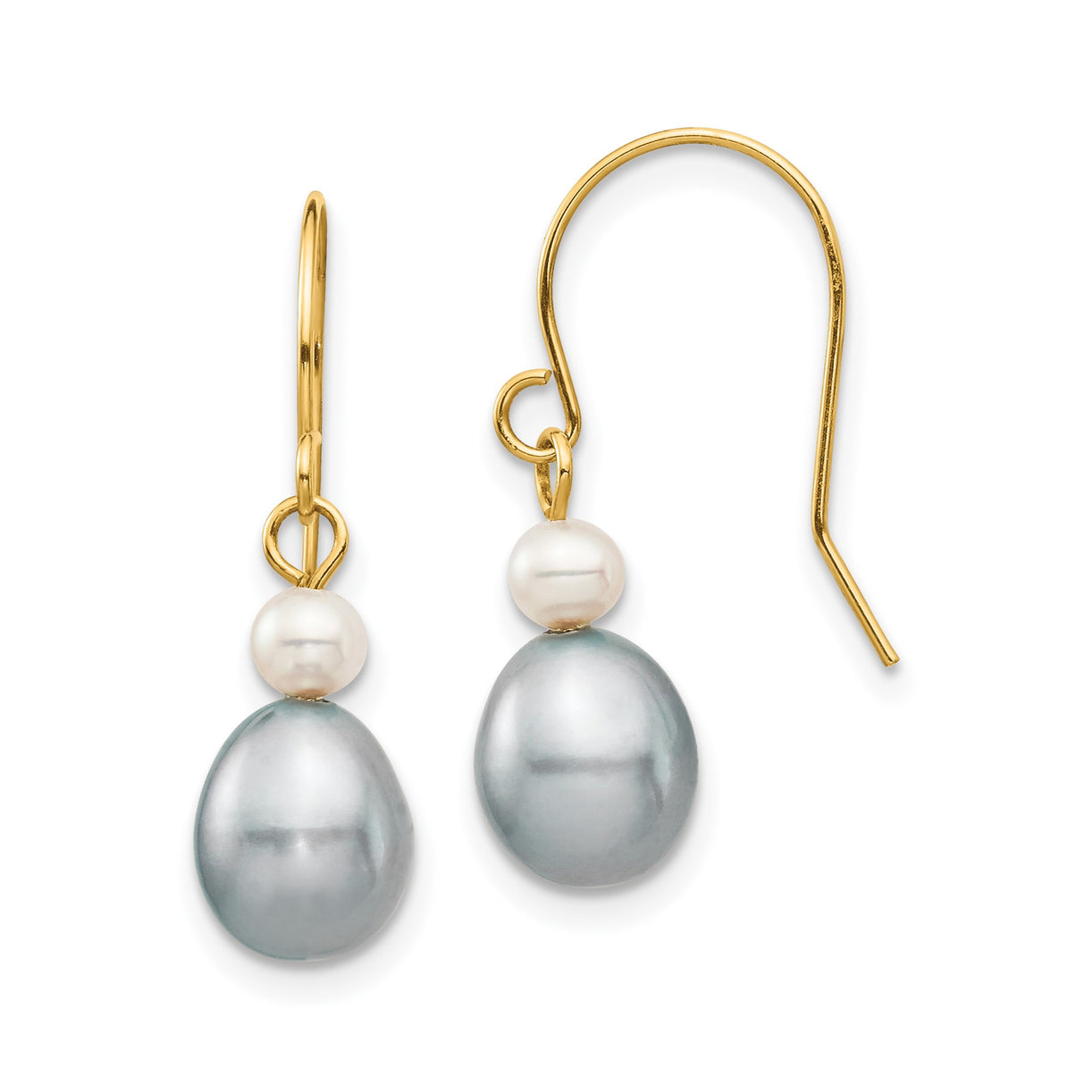14k Yellow Gold Drop Earrings with White and Gray Cultured Freshwater Pearls, Dangle Style