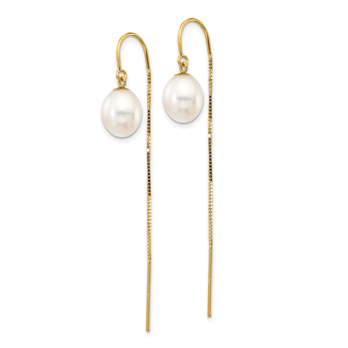 14k Yellow Gold Threader Earrings with White Freshwater Pearls, Dainty Drop Design for Women