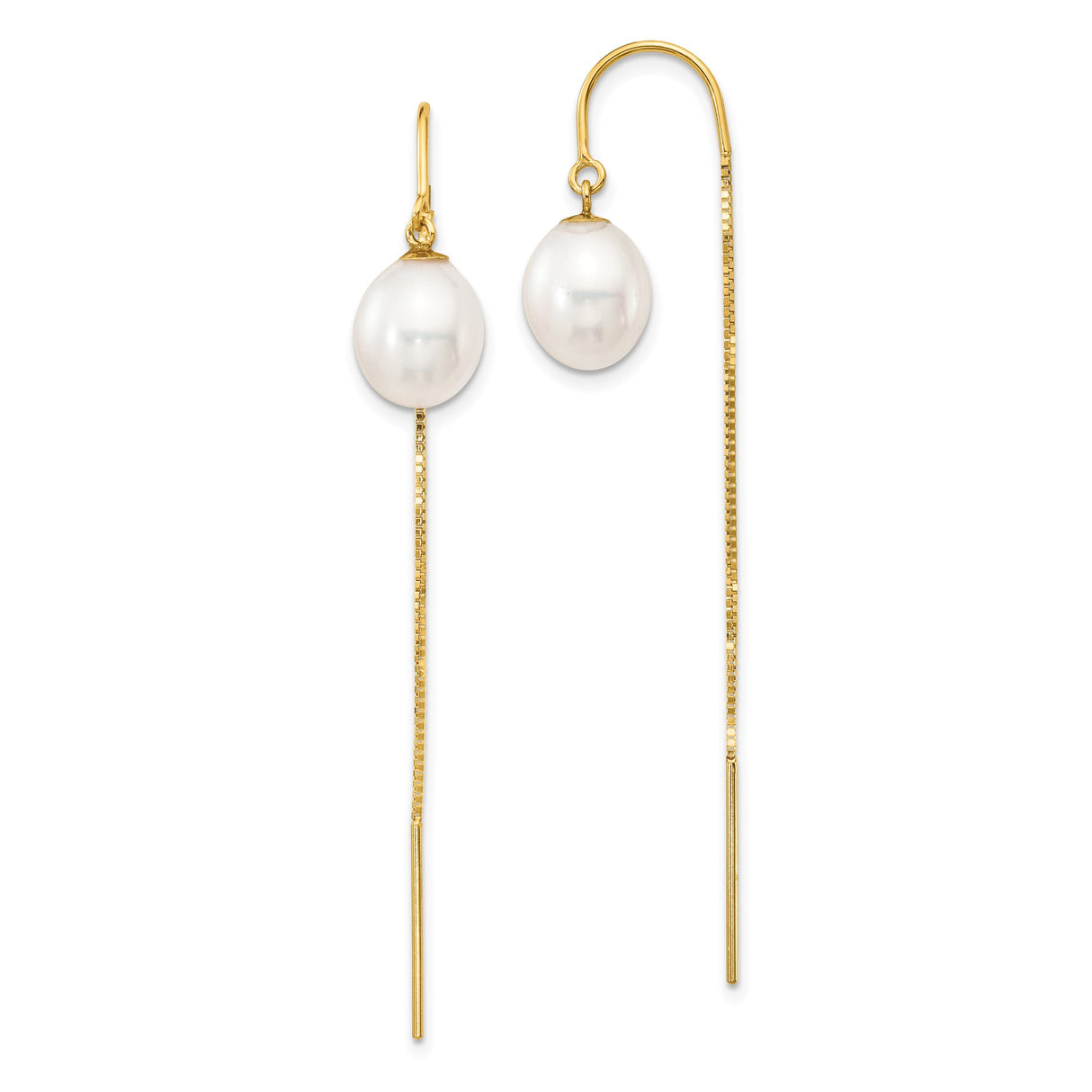 14k Yellow Gold Threader Earrings with White Freshwater Pearls, Dainty Drop Design for Women