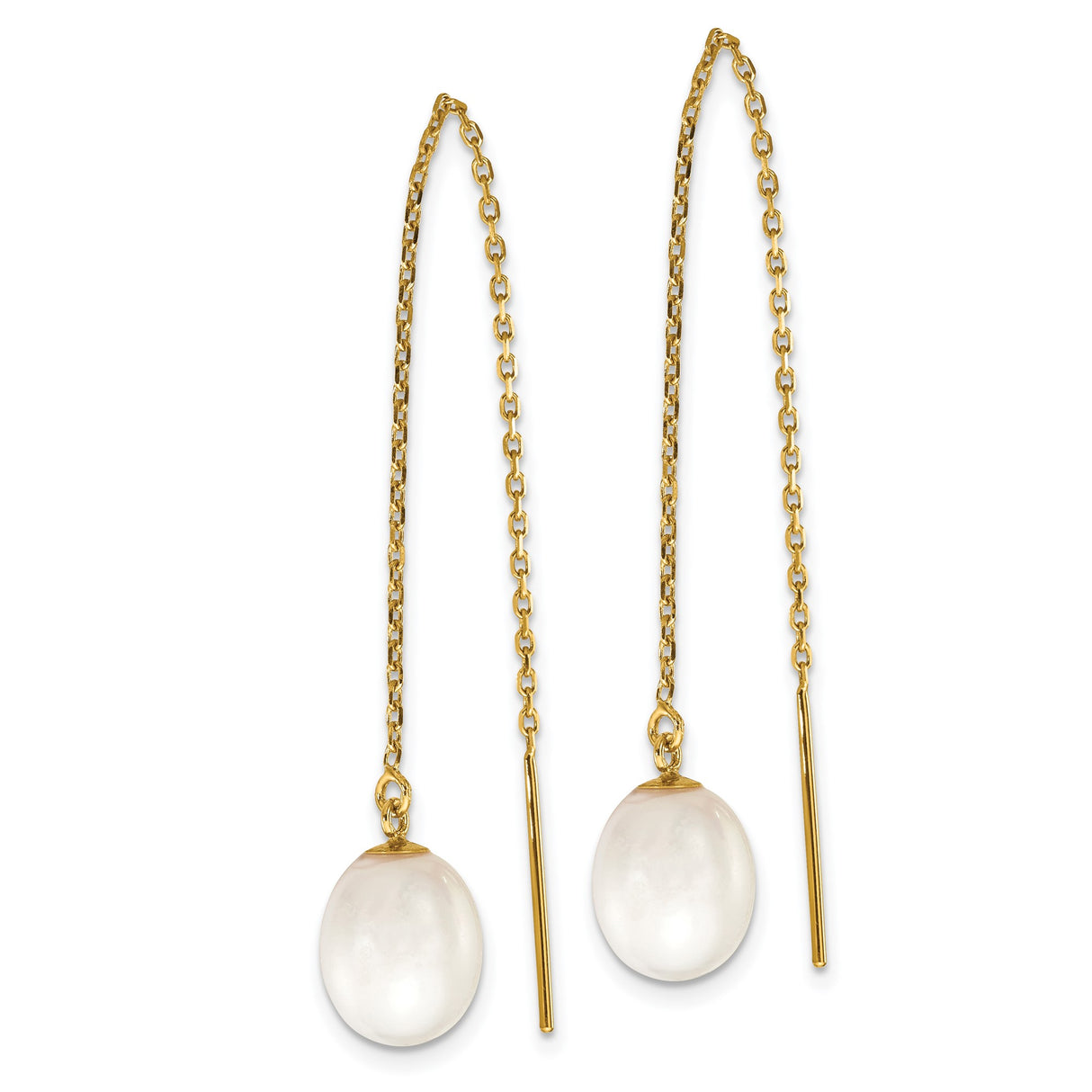 14k Yellow Gold Threader Earrings with White Freshwater Cultured Pearls, Minimalist Drop Design