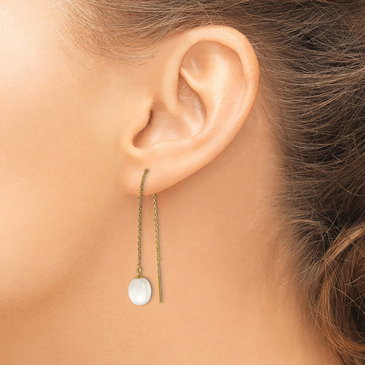 14k Yellow Gold Threader Earrings with White Freshwater Cultured Pearls, Minimalist Drop Design
