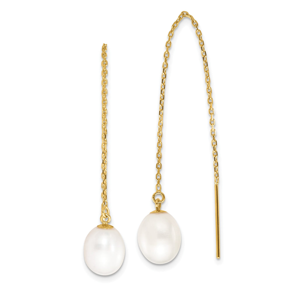 14k Yellow Gold Threader Earrings with White Freshwater Cultured Pearls, Minimalist Drop Design
