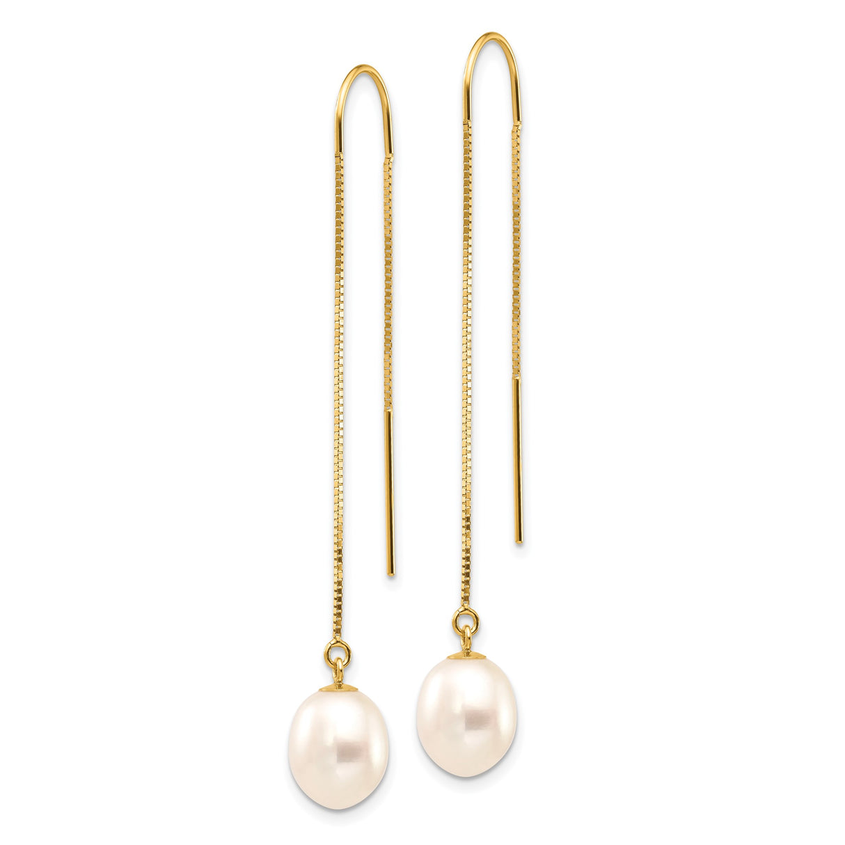 14k Yellow Gold Threader Earrings with White Freshwater Pearls, Minimalist Drop Design