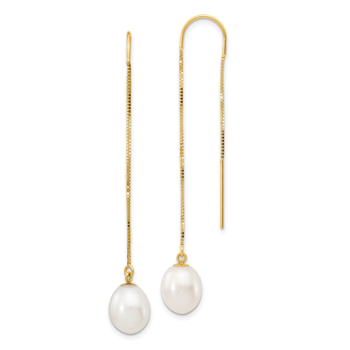 14k Yellow Gold Threader Earrings with White Freshwater Pearls, Minimalist Drop Design