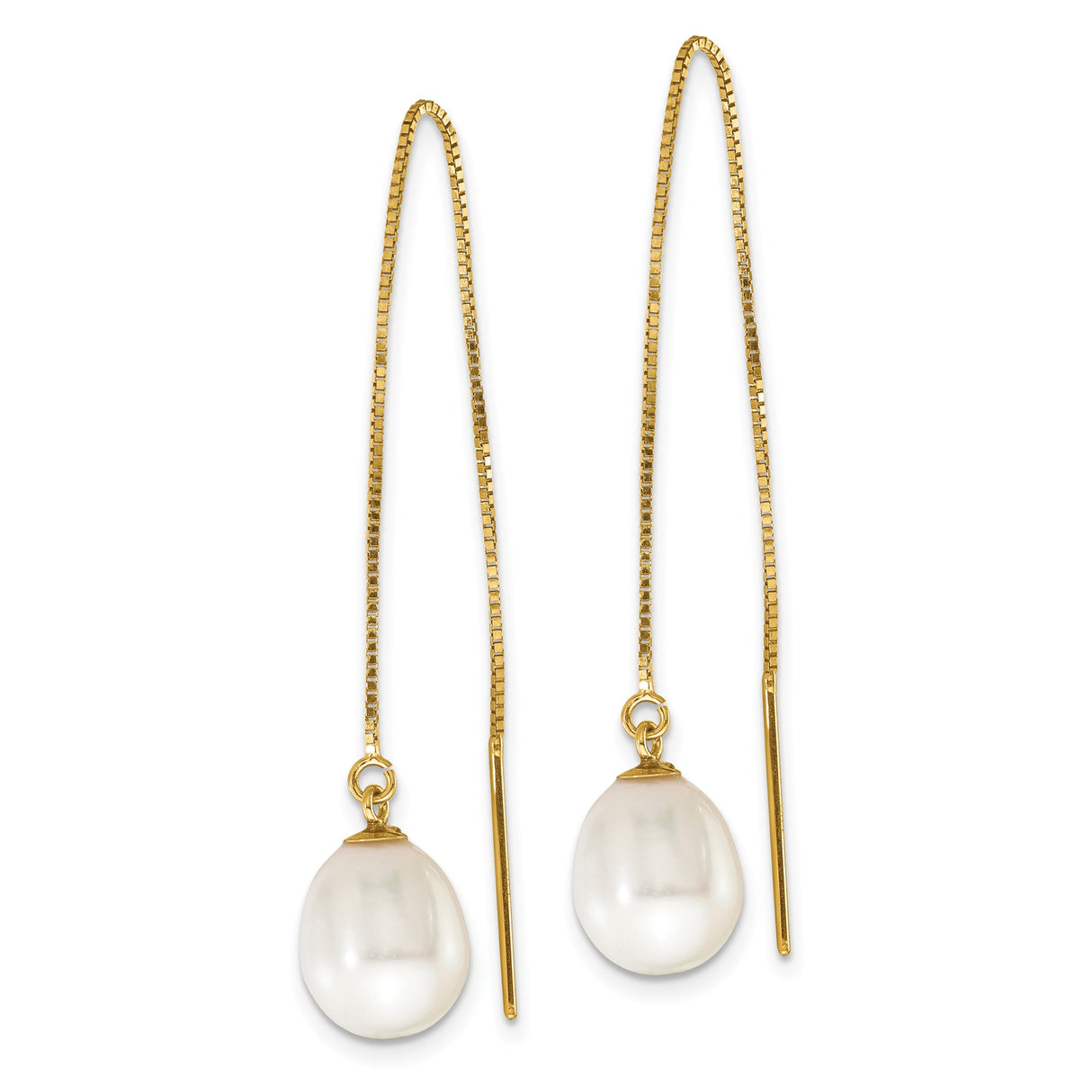 14k Yellow Gold Threader Earrings with White Freshwater Cultured Pearls, Dainty Drop Design
