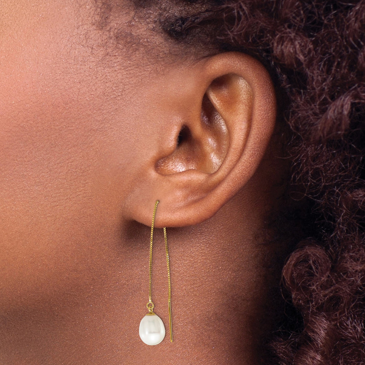 14k Yellow Gold Threader Earrings with White Freshwater Cultured Pearls, Dainty Drop Design