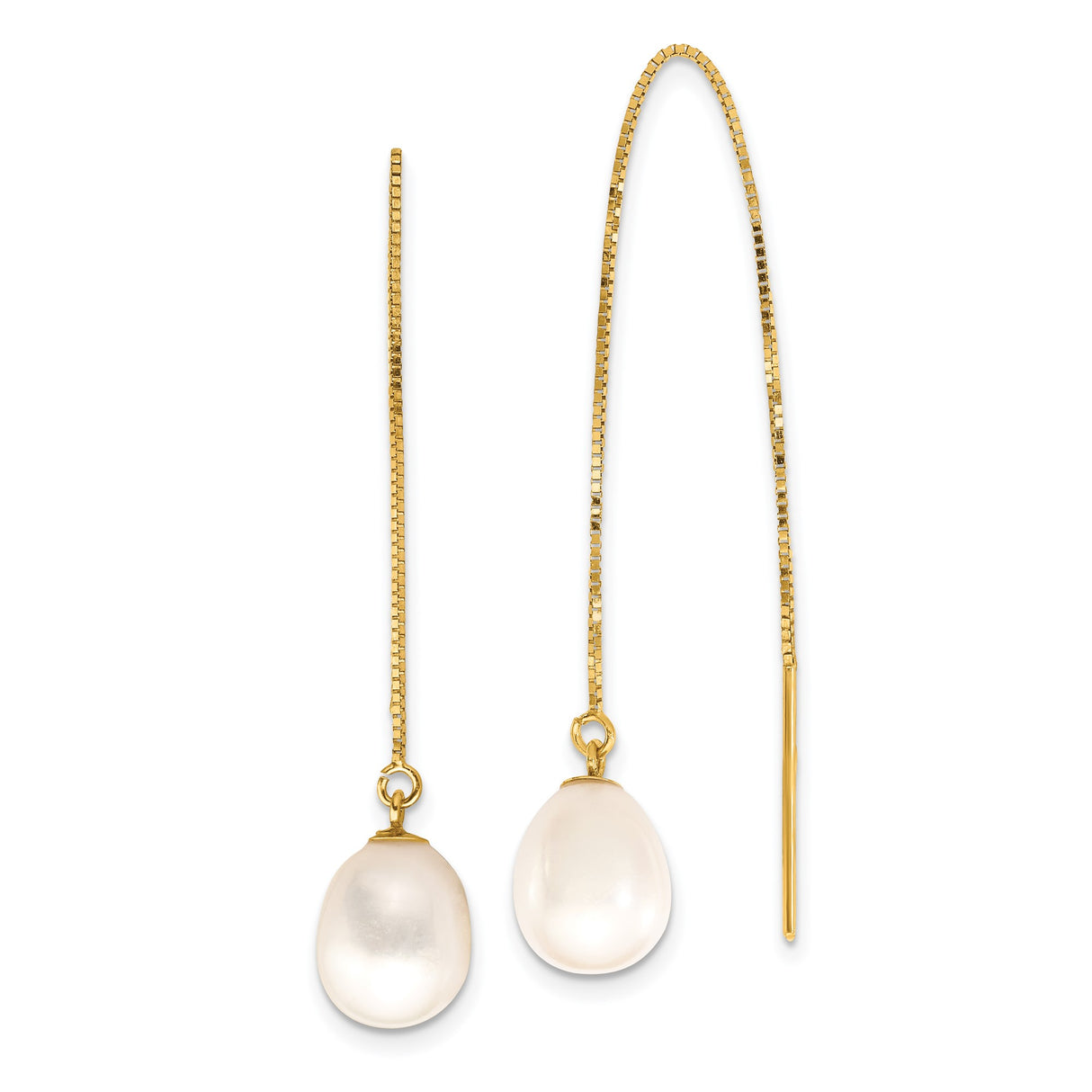 14k Yellow Gold Threader Earrings with White Freshwater Cultured Pearls, Dainty Drop Design