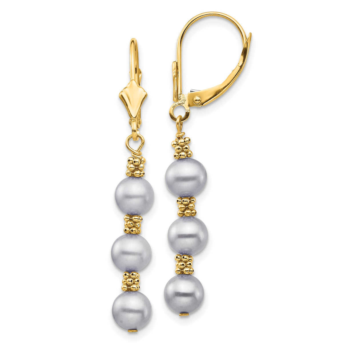 14k Yellow Gold Drop Earrings with Gray Cultured Pearls and Textured Bead Spacers