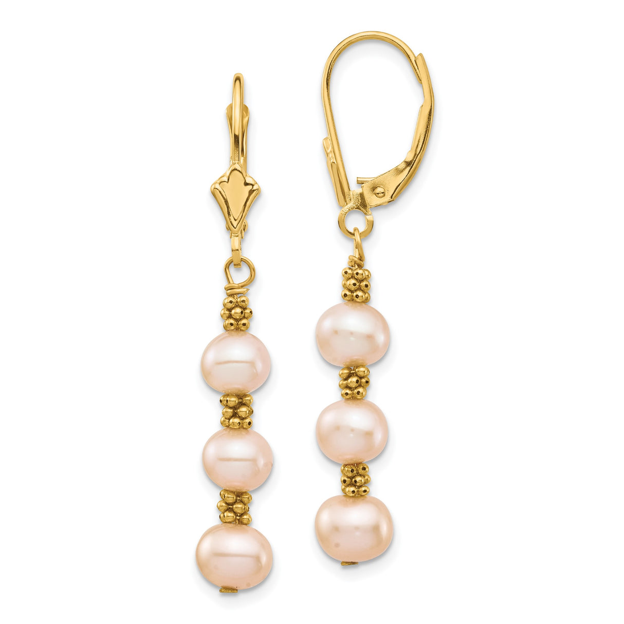 14k Yellow Gold Dangle Earrings with Freshwater Cultured Pearls and Textured Beads