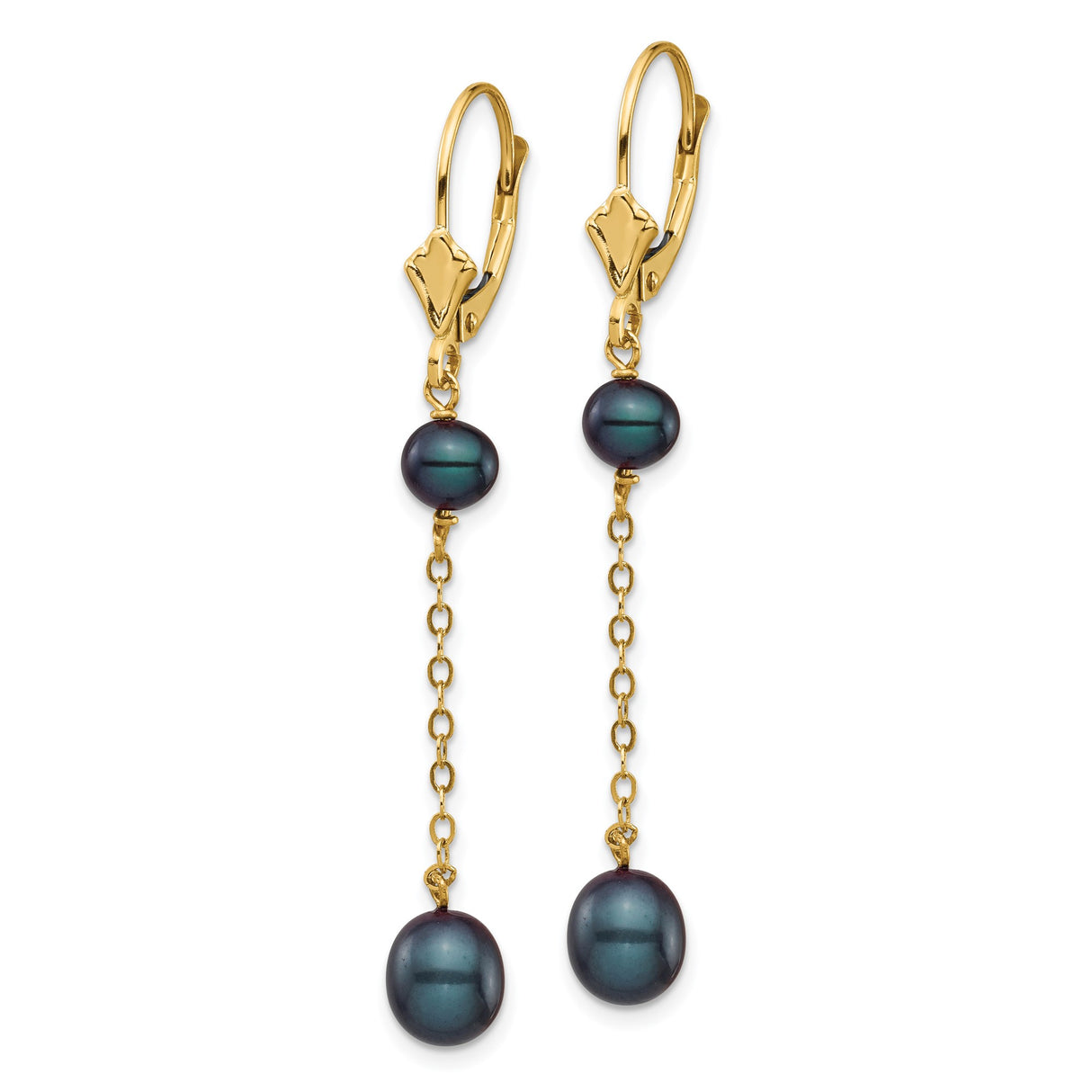 14k Yellow Gold Dangle Earrings with Black Freshwater Pearls, Delicate Chain Drop Design