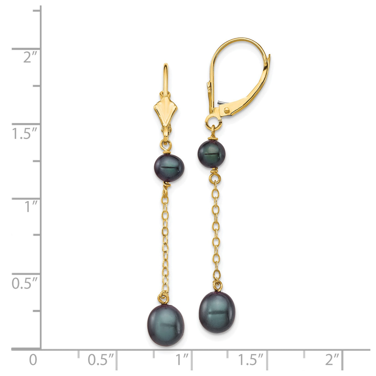 14k Yellow Gold Dangle Earrings with Black Freshwater Pearls, Delicate Chain Drop Design